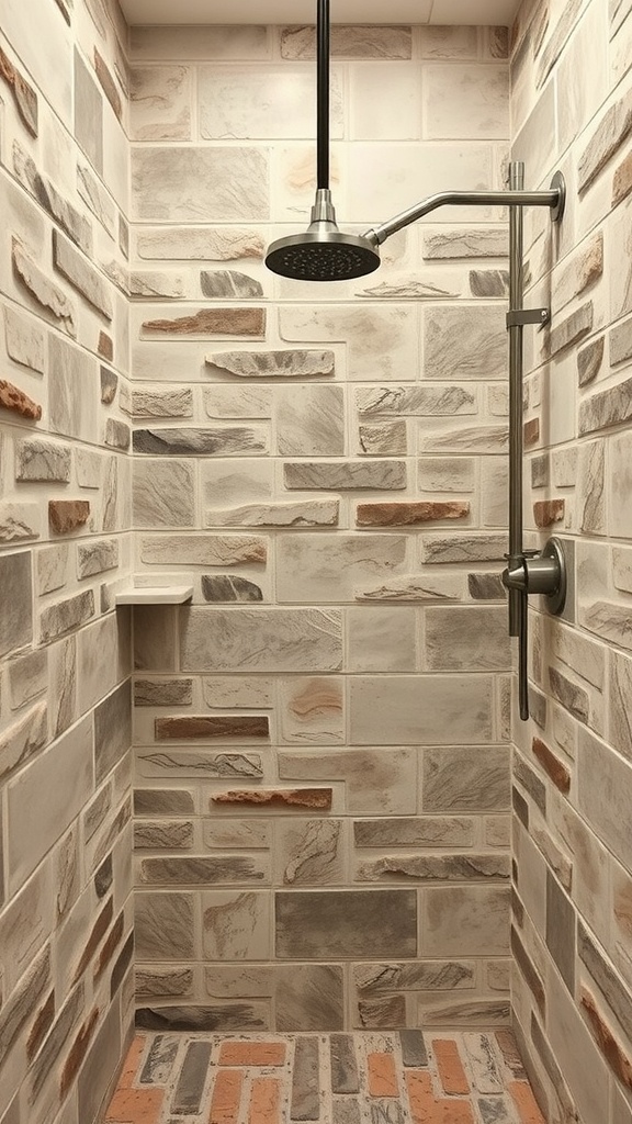 A vintage stone shower with a mix of textured tiles and a modern showerhead