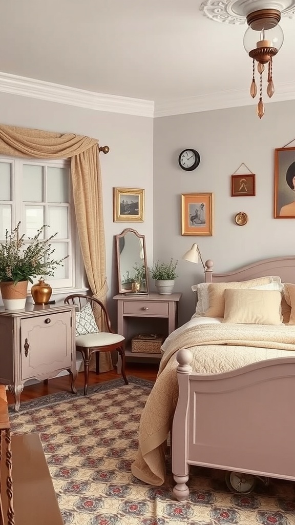 A cozy taupe bedroom featuring vintage furniture, soft bedding, and decorative wall art.