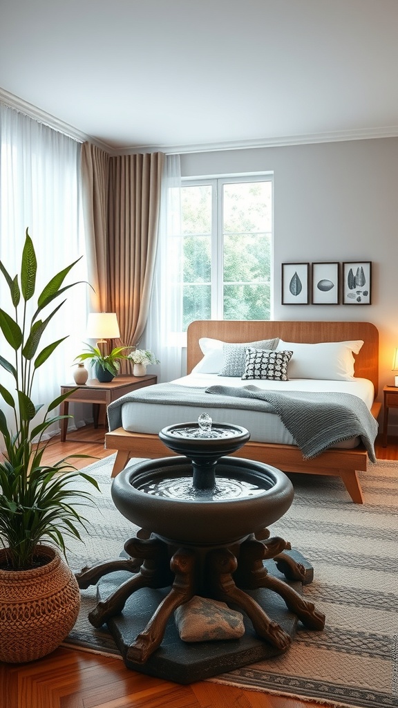 A zen bedroom featuring a central fountain, plants, and a calming color palette.