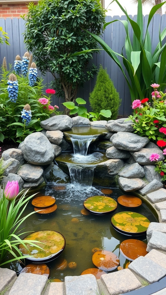 A serene garden pond with a small waterfall, surrounded by colorful flowers and plants.