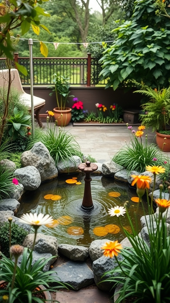 A serene backyard pond with a fountain surrounded by flowers and greenery.