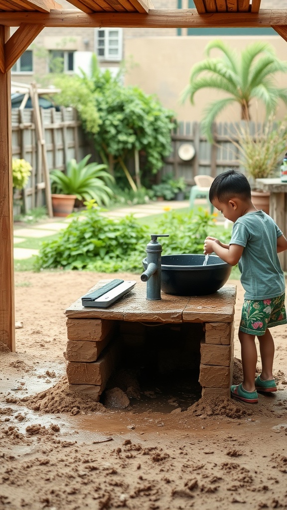 A child playing at a mud kitchen with a water pump