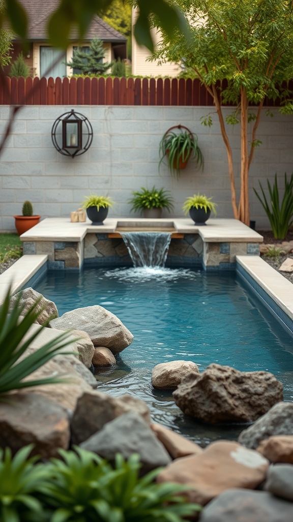 A small backyard pool with a water feature surrounded by rocks and plants.