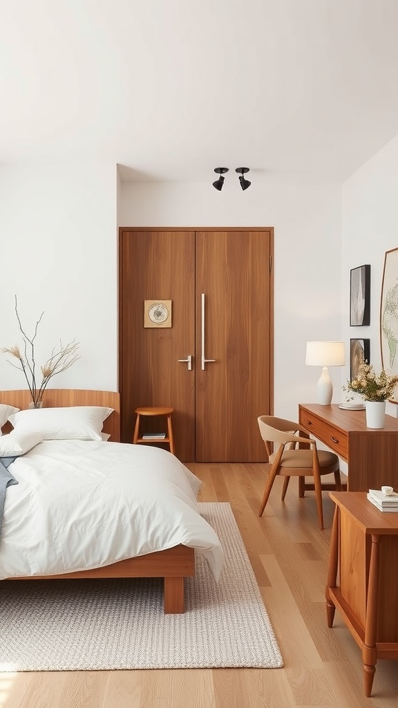 A white and beige bedroom featuring wooden furniture elements.
