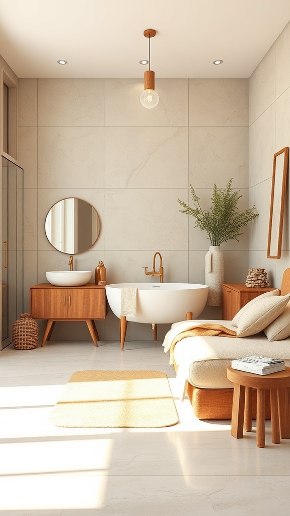 A beige bathroom featuring wooden elements, including a vanity, mirror, and furniture, creating a warm and inviting atmosphere.