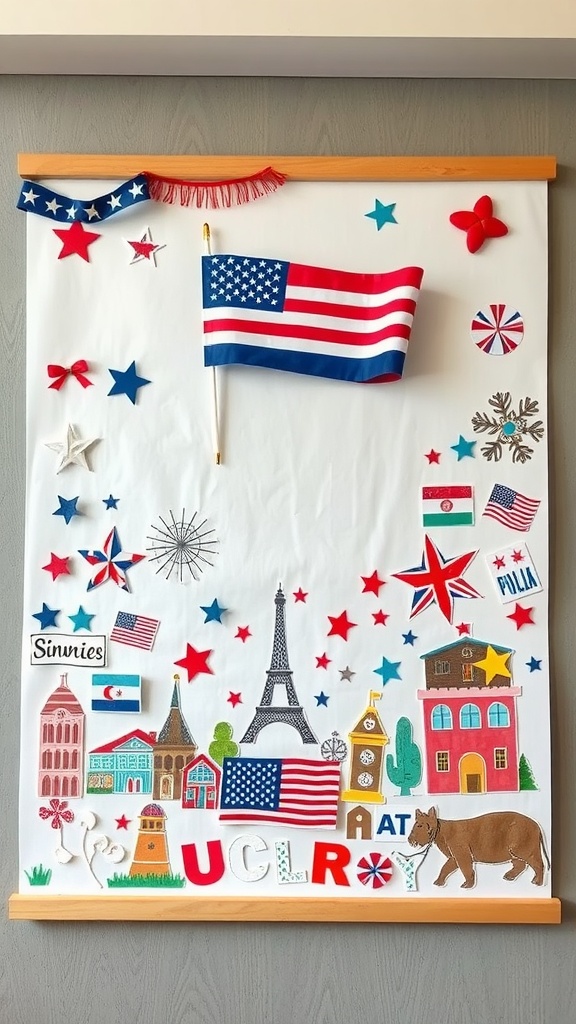 A colorful collage for Independence Day featuring an American flag, stars, and various decorations on a white background.