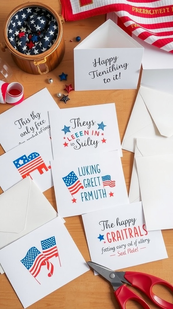 A colorful setup of Independence Day greeting cards with decorations and crafting supplies.