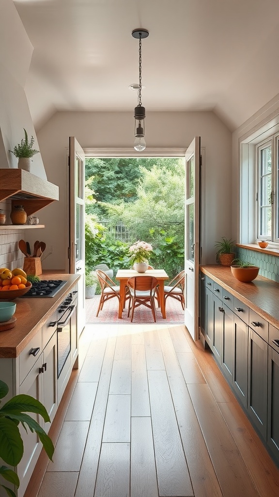 A beautifully designed kitchen with open doors leading to an outdoor seating area, surrounded by greenery.