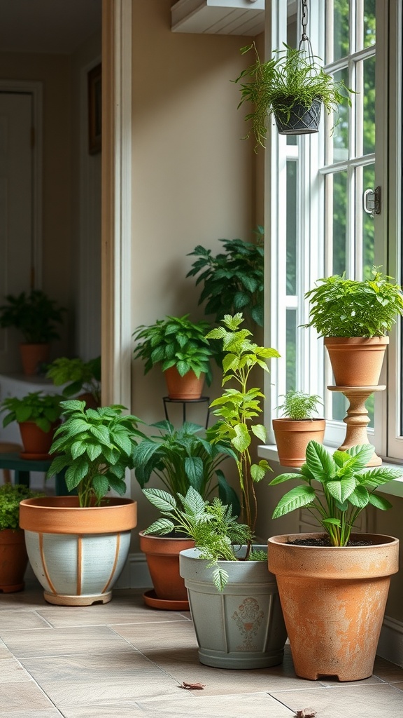 A variety of potted plants arranged by a sunny window, showcasing an indoor herb garden.