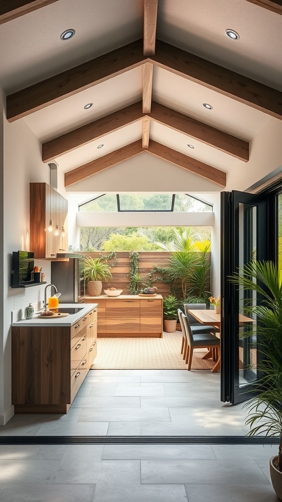 A modern kitchen with wooden elements opening to an outdoor dining area