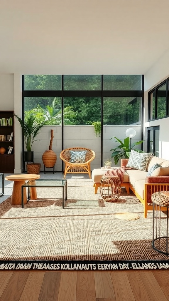 A bright living room featuring a woven indoor-outdoor rug, large windows with greenery outside, and comfortable seating arrangements.
