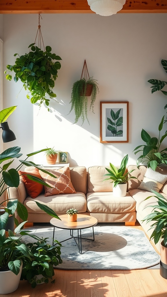 A cozy living room with various indoor plants, including hanging and potted plants, creating a fresh and inviting atmosphere.
