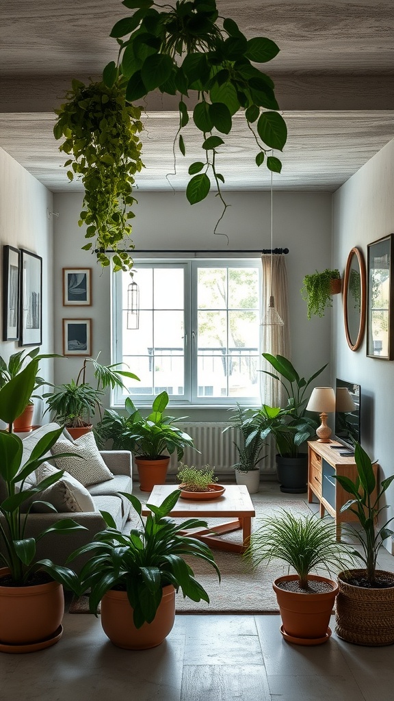 Basement living room with an indoor garden featuring various potted plants and natural light.