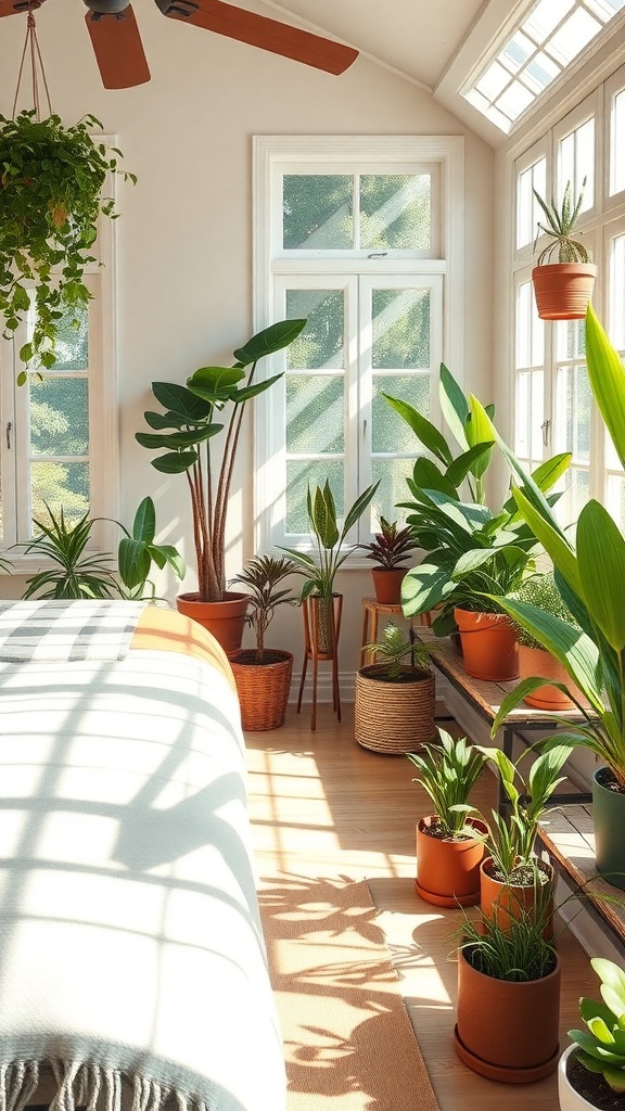 A bright sunroom filled with various potted plants, showcasing a cozy and inviting indoor garden.
