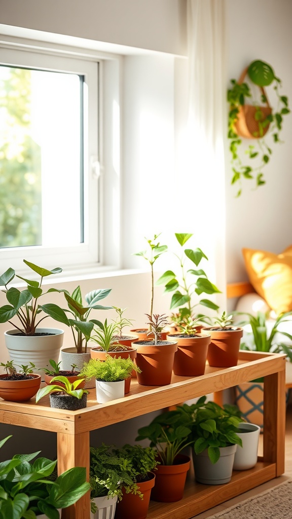 Indoor gardening station with various plants in pots on a wooden table beside a window