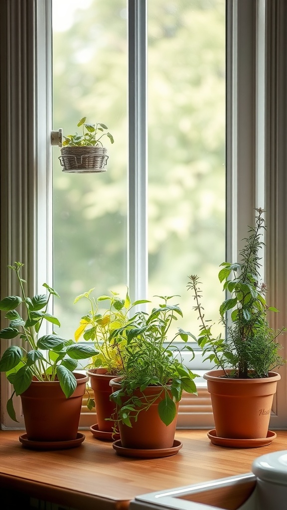 Indoor herb garden with various potted plants near a window