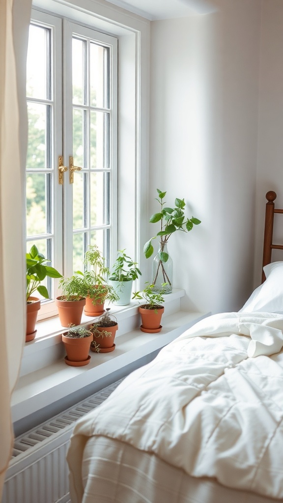 A cozy bedroom window sill with various potted herbs in terracotta pots, sunlight streaming in.