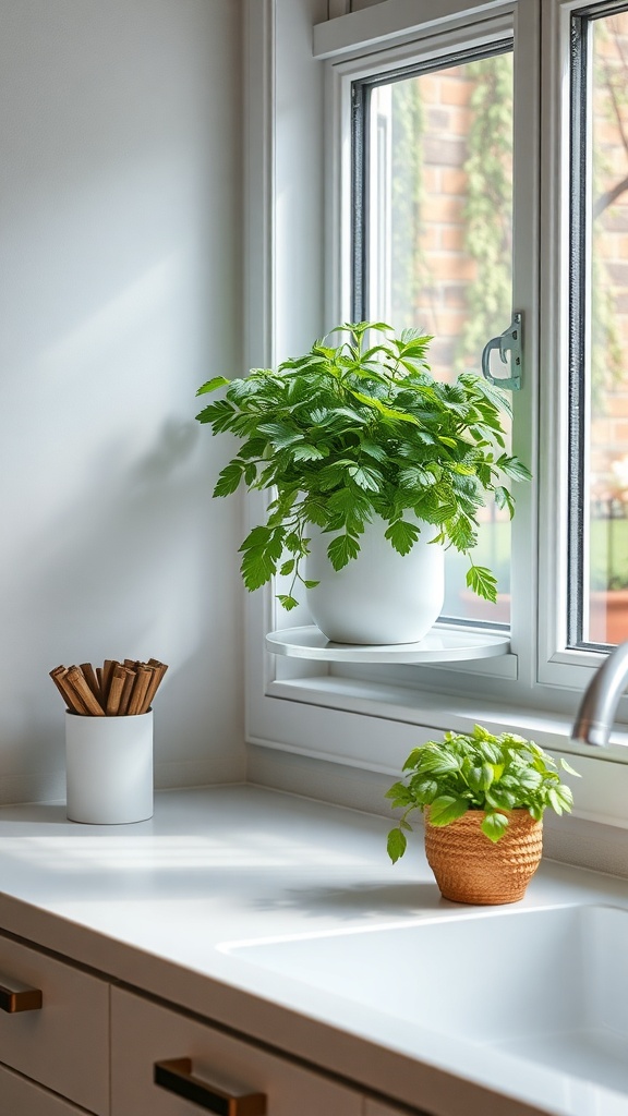A bright kitchen window with two herb plants, one in a white pot and another in a woven basket, alongside a container of cinnamon sticks.