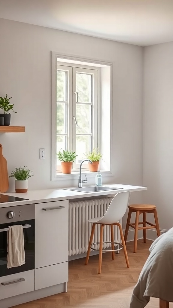 A minimalist kitchen featuring a window with potted herbs, a sink, and a wooden stool.