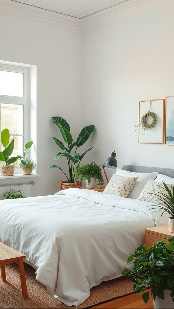 Cozy soft girl bedroom with indoor plants and a neatly made bed