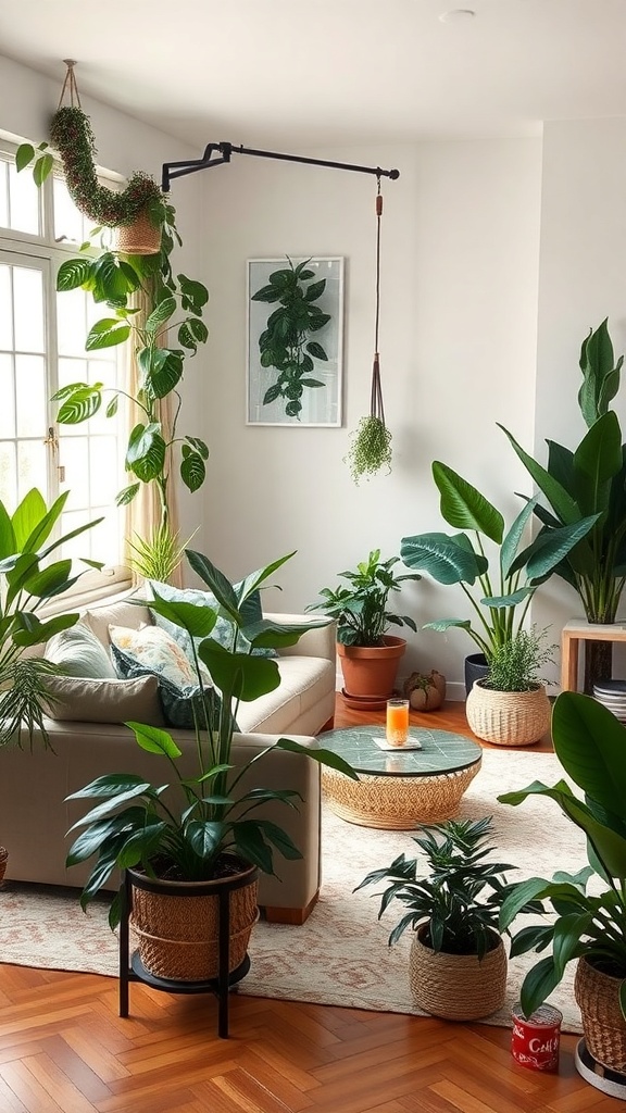 A stylish living room with various indoor plants, a cozy sofa, and a coffee table with a drink.
