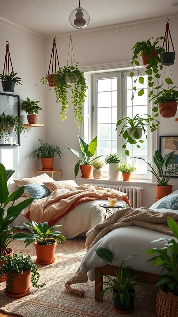 A cozy bedroom filled with various indoor plants, featuring hanging plants and potted plants on the floor and windowsills.
