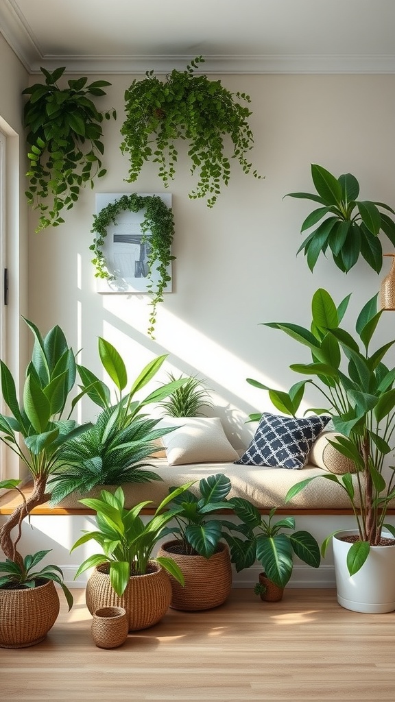 A cozy alcove in a living room filled with various indoor plants, featuring a comfortable seating area with cushions.