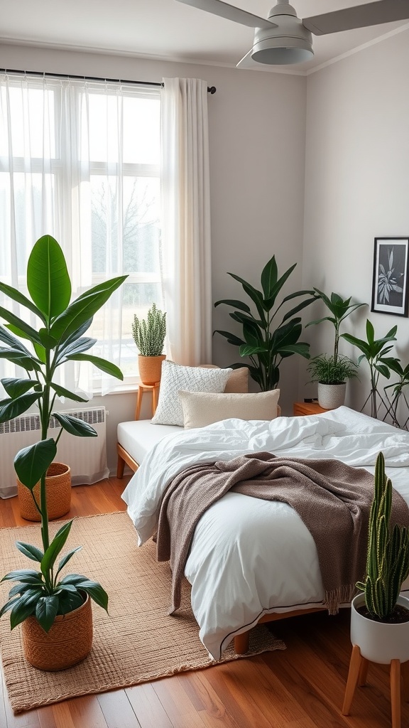 A cozy neutral aesthetic bedroom filled with various indoor plants, showcasing a fresh and inviting environment.