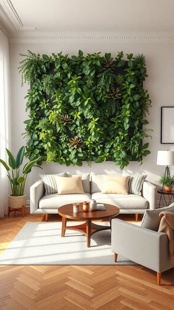 A large indoor plant wall installation in a living room, featuring various green plants, a cozy sofa, and a wooden coffee table.