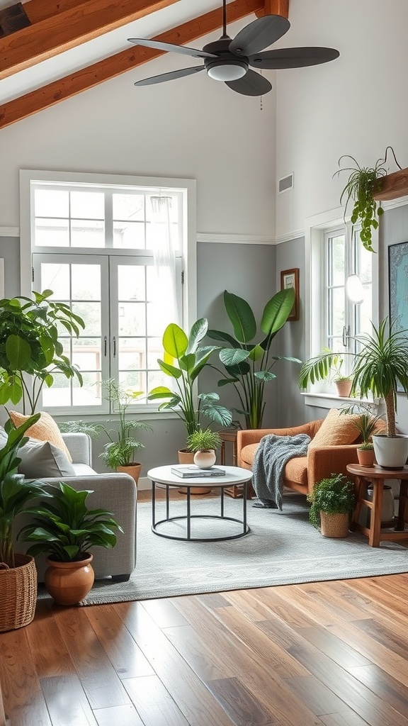 Cozy farmhouse living room with various indoor plants, warm furniture, and natural light.