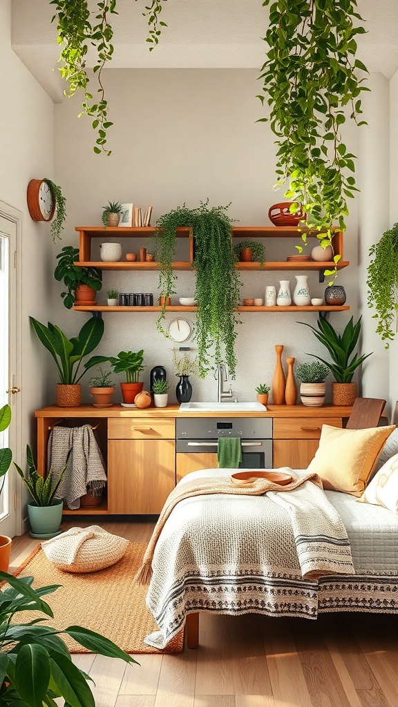 A cozy kitchen filled with indoor plants, featuring hanging greenery and potted plants on shelves.