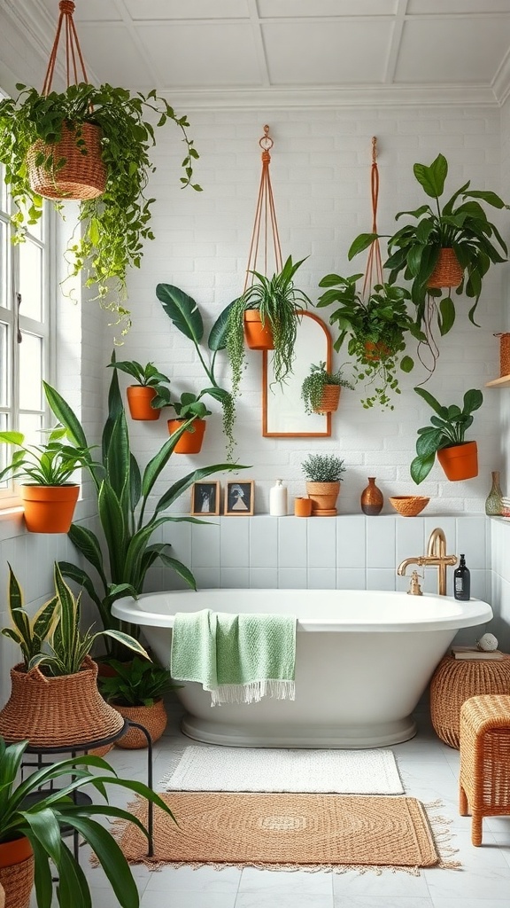 A bohemian-style bathroom filled with various indoor plants, featuring a freestanding bathtub and natural decor.