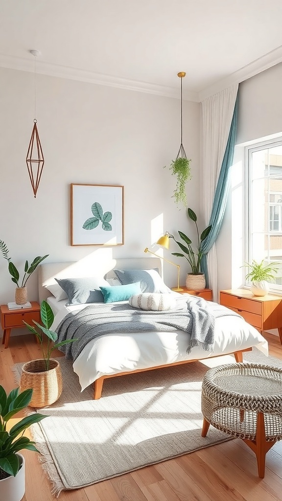 A mid-century modern bedroom featuring indoor plants, a cozy bed, and warm wooden furniture.