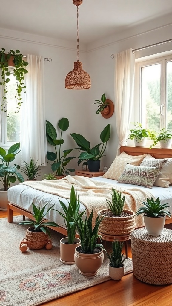 A bohemian bedroom with various indoor plants, showcasing a cozy and lively atmosphere.