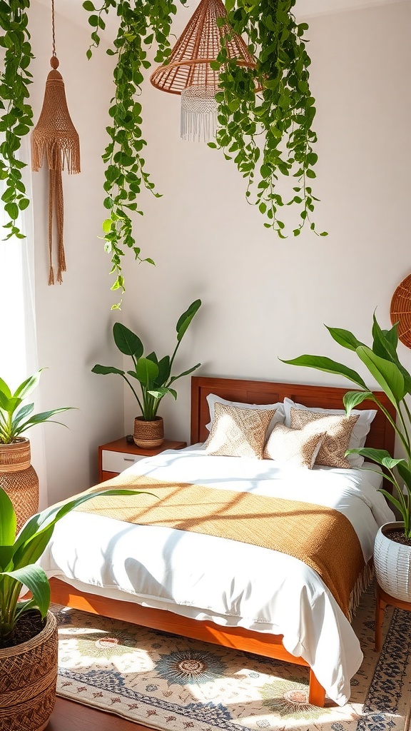A cozy Moroccan bedroom featuring a bed with warm linens, surrounded by large potted plants and hanging greenery.