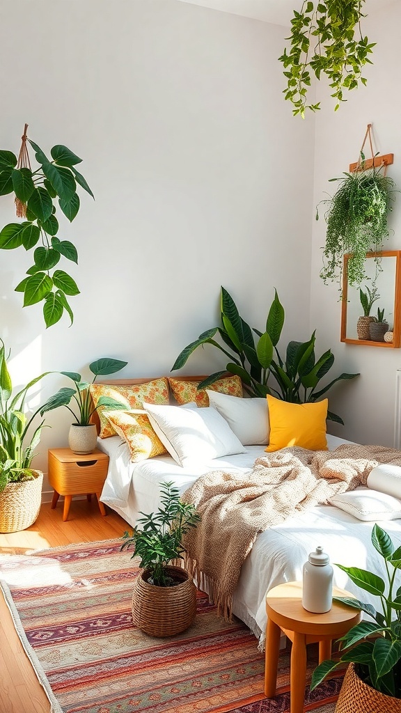 A cozy boho living room with various indoor plants, a bed with colorful pillows, and a woven rug.