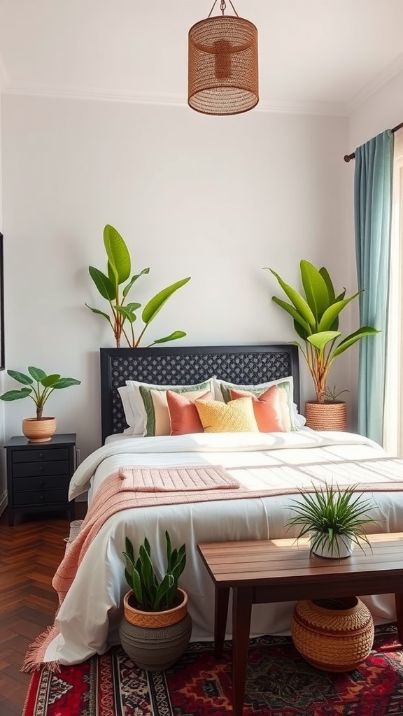 A Moroccan bedroom featuring a bed with colorful cushions and several indoor plants.