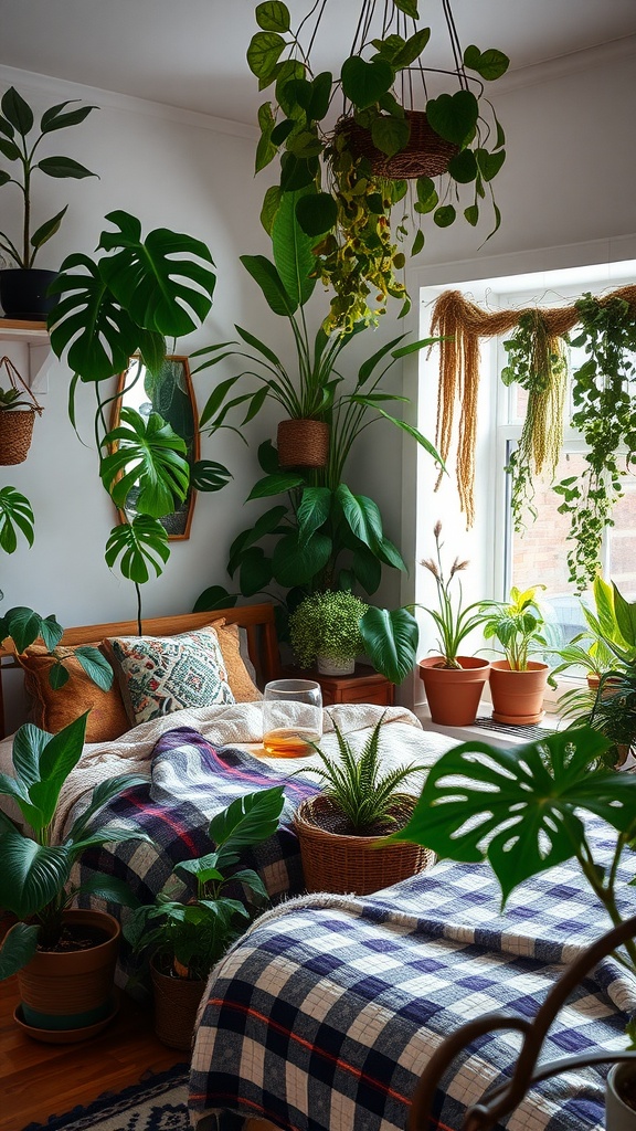 A cozy bedroom filled with a variety of indoor plants, showcasing a boho style with a bed and colorful blankets.