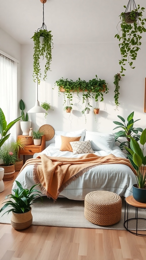 A cozy bedroom filled with various indoor plants, featuring hanging plants, potted greenery, and a warm color scheme.
