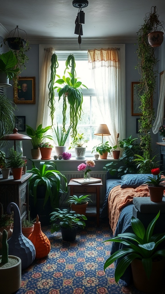 A cozy witchy bedroom filled with various indoor plants, showcasing a vibrant and natural atmosphere.