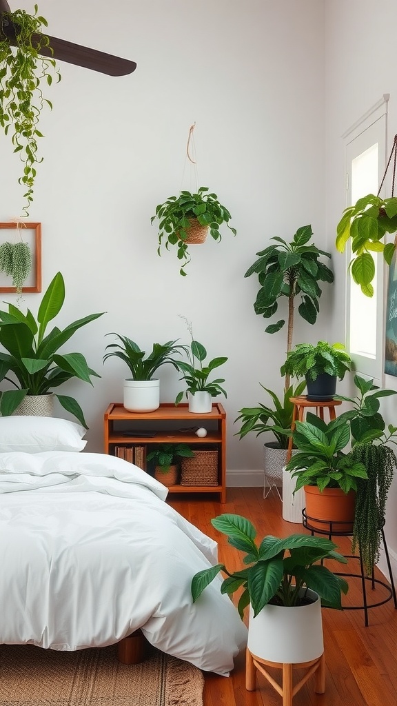 A cozy farmhouse bedroom with various indoor plants, showcasing greenery in pots and hanging planters.