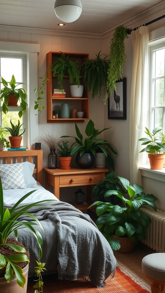 Cottage bedroom featuring various indoor plants, a wooden bed, and a cozy atmosphere