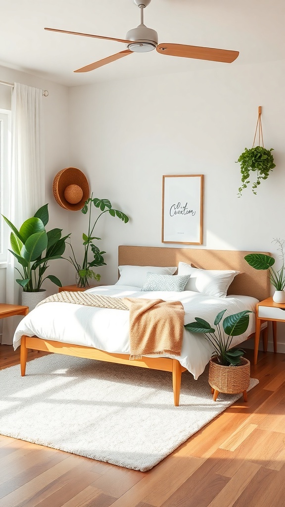 A mid-century modern bedroom featuring indoor plants, a wooden bed frame, and a cozy atmosphere.