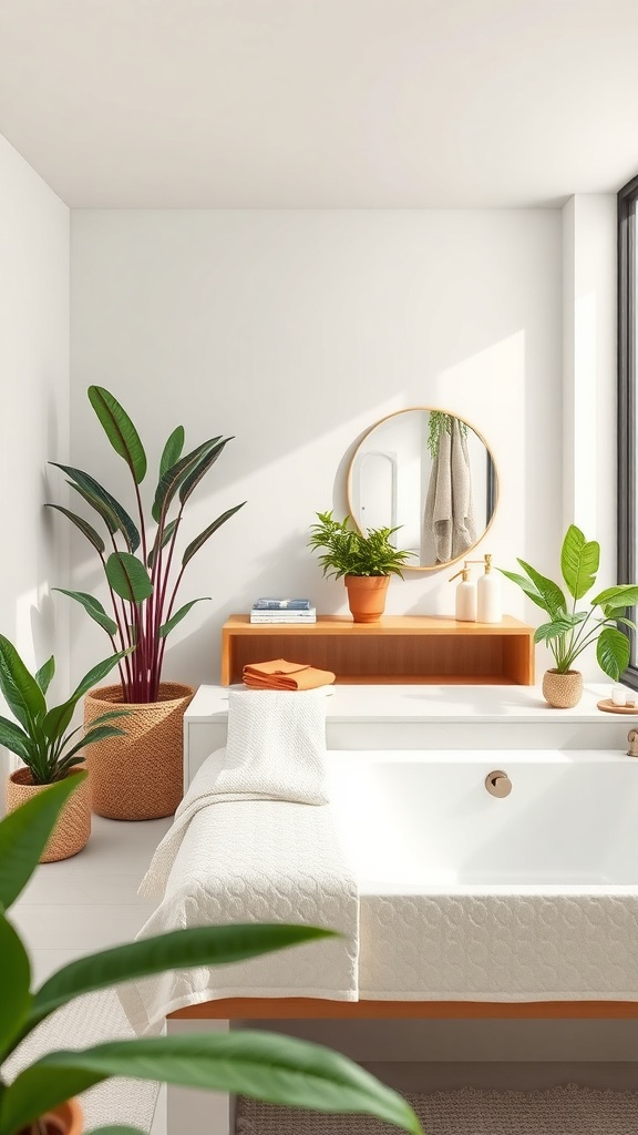 A modern bathroom featuring indoor plants, a bathtub, and a round mirror.