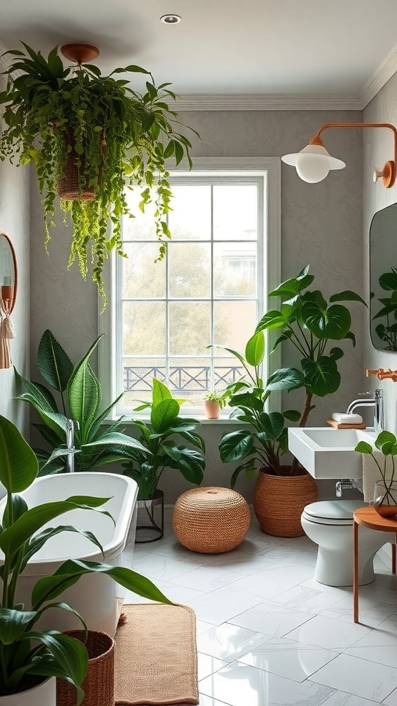 A stylish bathroom featuring various indoor plants, including hanging and potted plants, creating a fresh and inviting atmosphere.
