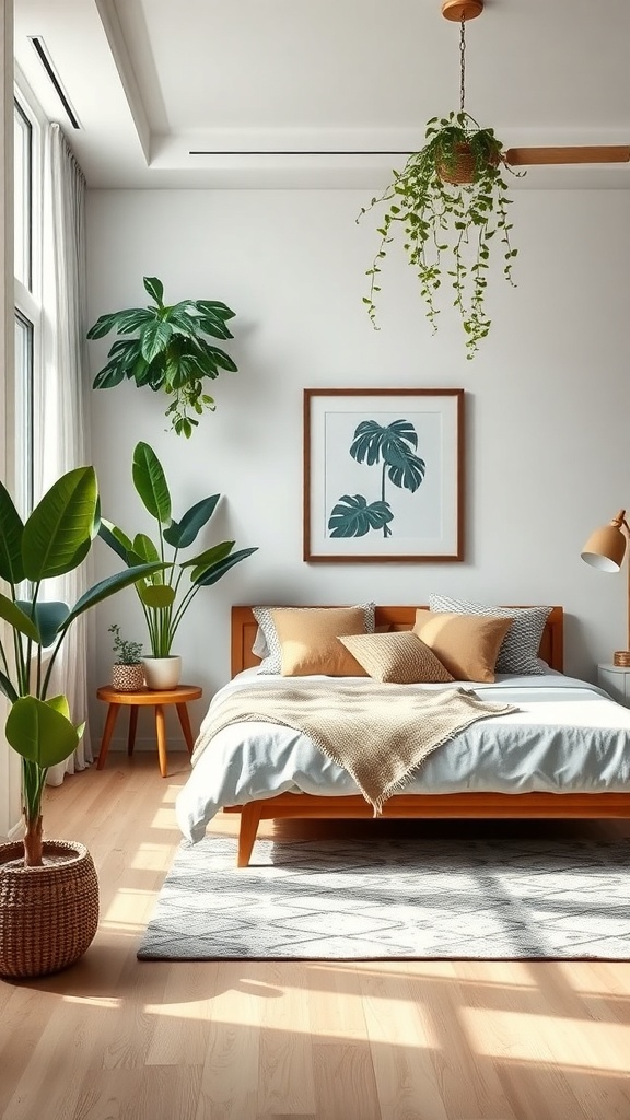 A stylish master bedroom featuring indoor plants, a cozy bed, and natural light.