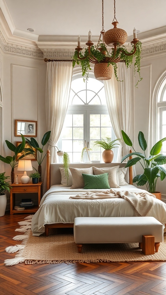 A beautifully decorated bedroom featuring indoor plants, a chandelier, and warm wooden accents.