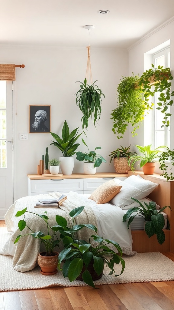 A cozy kitchen space with various indoor plants, showcasing a Japandi design style.