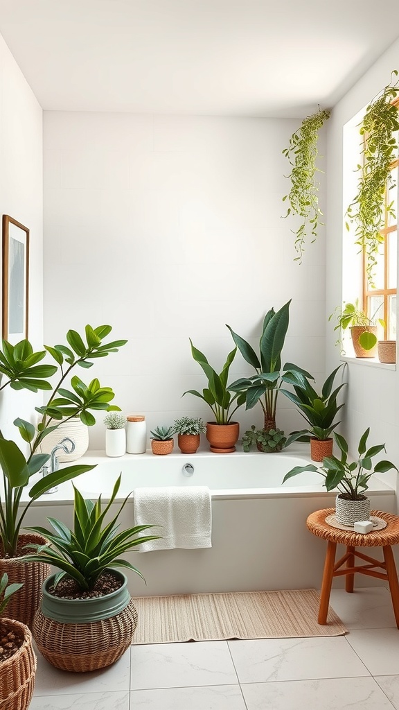 A bright bathroom filled with various indoor plants, including hanging vines and potted succulents, creating a fresh and calming atmosphere.