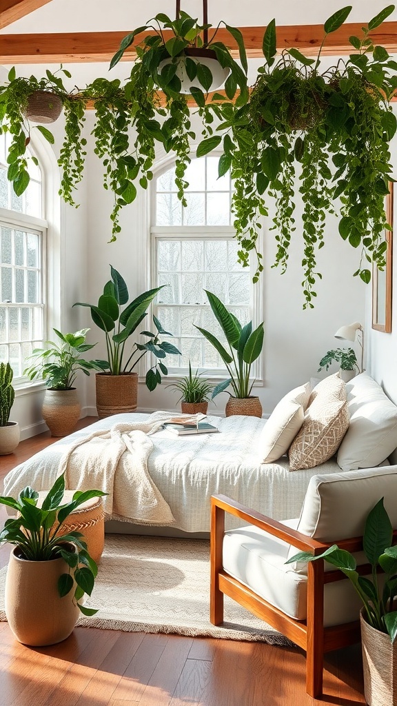 A bright farmhouse living room filled with various indoor plants, including hanging plants and large potted plants near the windows.